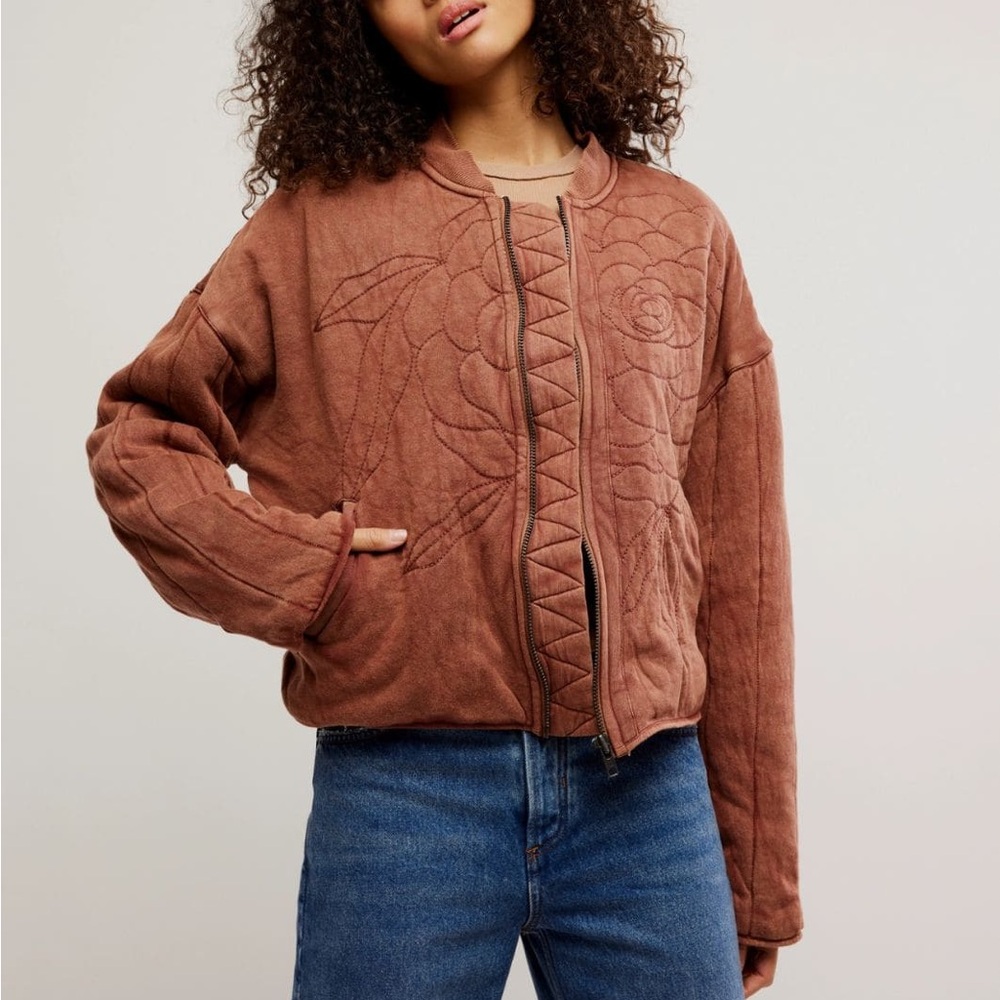 $385 FREE PEOPLE Rose Brown Quilted Sweatshirt Cinammon Bomber Jacket S - Picture 8 of 11
